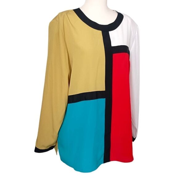 Galinda Wang Career Blouse 16W Silky Plus Size Colorblock Office Siren Corpcore - Picture 3 of 15